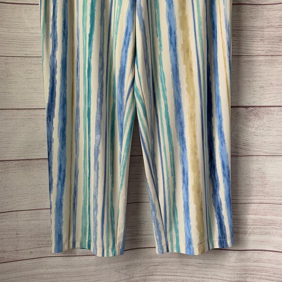 Susan Graver Blue Beige Striped Crop Wide Leg Pants or Capris Pockets Size M - Picture 3 of 12